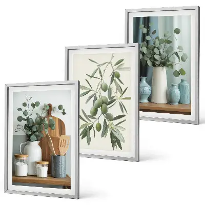 Composição de quadros moderna com azeitonas verdes e eucalipto