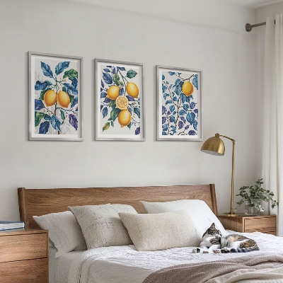 Conjunto de 3 quadros com moldura Ramos de limão folhas azuis