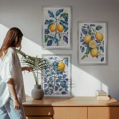 Conjunto de 3 quadros com moldura ramos de limão com folhas azuis