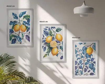 Conjunto de 3 quadros com moldura ramos de limão com folhas azuis
