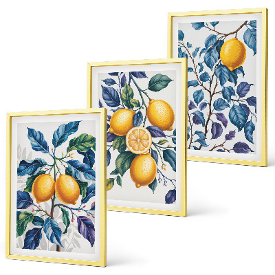 Conjunto de 3 quadros com moldura Ramos de limão folhas azuis