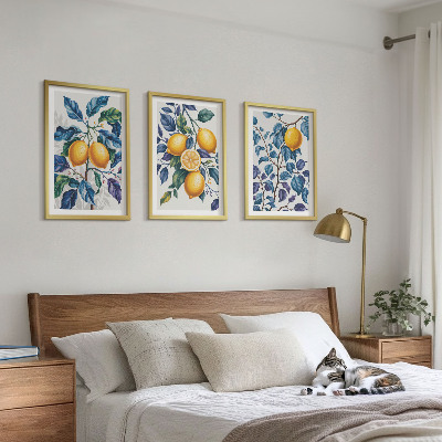 Conjunto de 3 quadros com moldura Ramos de limão folhas azuis