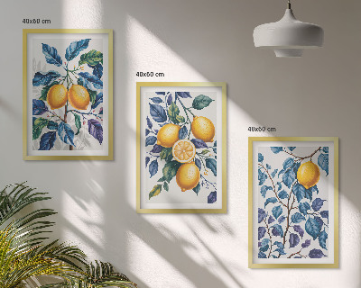 Conjunto de 3 quadros com moldura Ramos de limão folhas azuis
