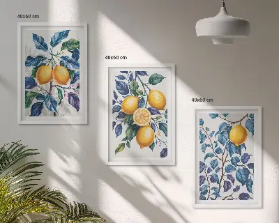 Conjunto de 3 quadros com moldura ramos de limão com folhas azuis