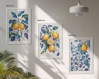 Conjunto de 3 quadros com moldura Ramos de limão folhas azuis