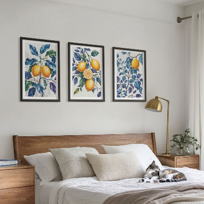 Conjunto de 3 quadros com moldura Ramos de limão folhas azuis