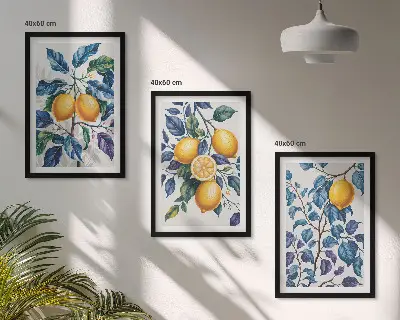 Conjunto de 3 quadros com moldura ramos de limão com folhas azuis