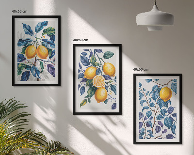 Conjunto de 3 quadros com moldura Ramos de limão folhas azuis