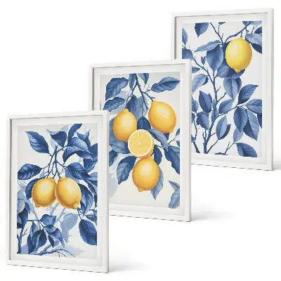 Conjunto de quadros para sala de estar com estampa de ramos de limão e folhas azuis