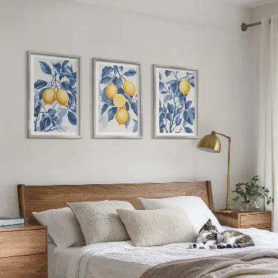 Conjunto de quadros para sala de estar com estampa de ramos de limão e folhas azuis