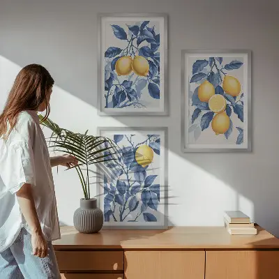 Conjunto de quadros para sala de estar com estampa de ramos de limão e folhas azuis