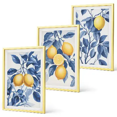 Conjunto de quadros para sala de estar com estampa de ramos de limão e folhas azuis