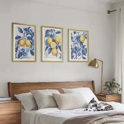 Conjunto de quadros para sala de estar com estampa de ramos de limão e folhas azuis