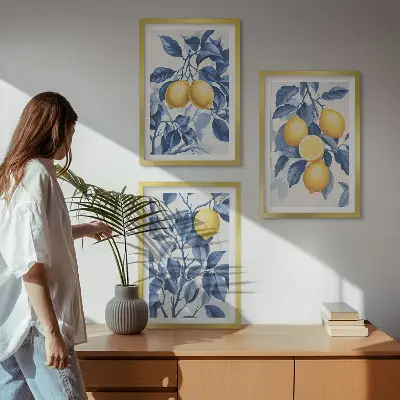 Conjunto de quadros para sala de estar com estampa de ramos de limão e folhas azuis