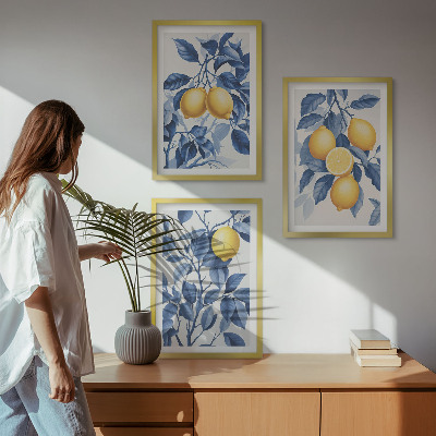 Conjunto de quadros para sala de estar Ramos de limão folhas azuis