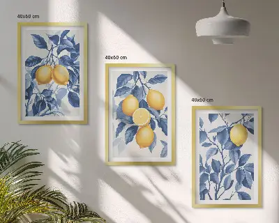 Conjunto de quadros para sala de estar com estampa de ramos de limão e folhas azuis
