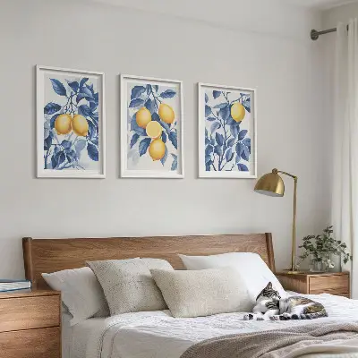 Conjunto de quadros para sala de estar com estampa de ramos de limão e folhas azuis