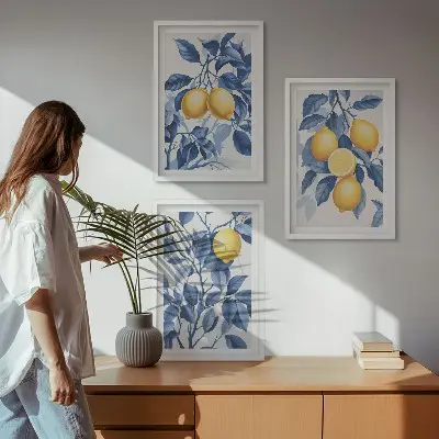 Conjunto de quadros para sala de estar com estampa de ramos de limão e folhas azuis