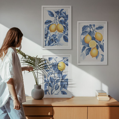 Conjunto de quadros para sala de estar Ramos de limão folhas azuis