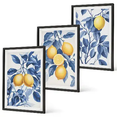 Conjunto de quadros para sala de estar com estampa de ramos de limão e folhas azuis