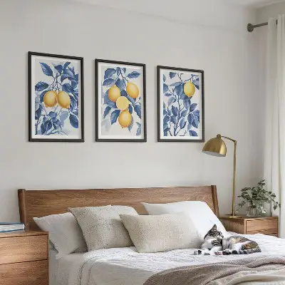 Conjunto de quadros para sala de estar com estampa de ramos de limão e folhas azuis
