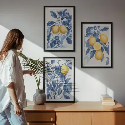 Conjunto de quadros para sala de estar com estampa de ramos de limão e folhas azuis