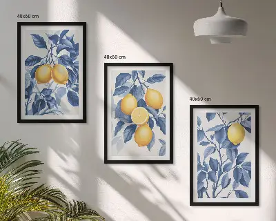 Conjunto de quadros para sala de estar com estampa de ramos de limão e folhas azuis