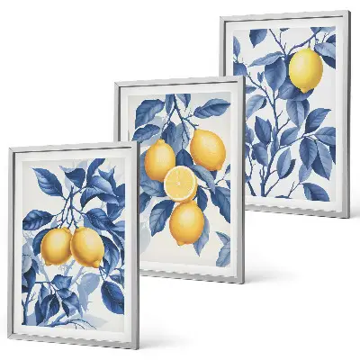 Conjunto de quadros para sala de estar com estampa de ramos de limão e folhas azuis