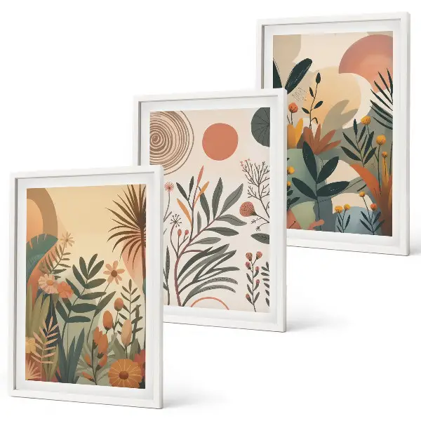Composição de quadros moderna com motivos vegetais em cores suaves