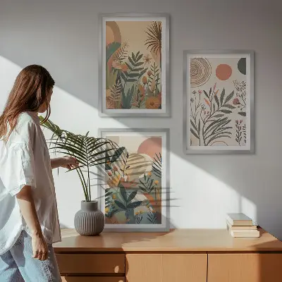 Composição de quadros moderna com motivos vegetais em cores suaves