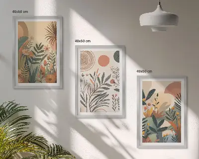 Composição de quadros moderna com motivos vegetais em cores suaves