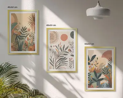 Composição de quadros moderna com motivos vegetais em cores suaves