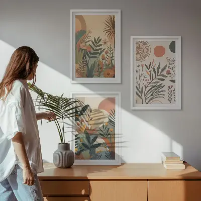Composição de quadros moderna com motivos vegetais em cores suaves