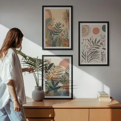 Composição de quadros moderna com motivos vegetais em cores suaves