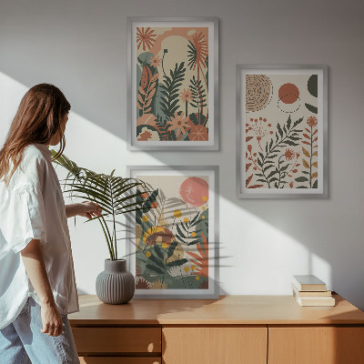 Conjunto de 3 quadros com moldura Padrões vintage de plantas em tons pastel