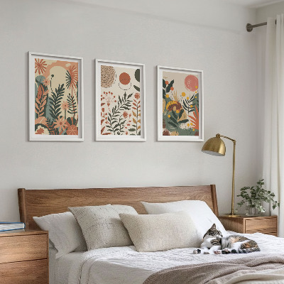 Conjunto de 3 quadros com moldura Padrões vintage de plantas em tons pastel