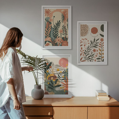 Conjunto de 3 quadros com moldura Padrões vintage de plantas em tons pastel