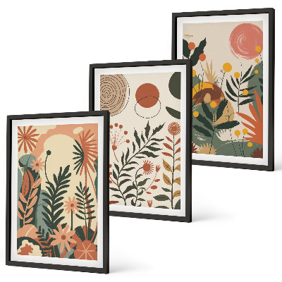 Conjunto de 3 quadros com moldura Padrões vintage de plantas em tons pastel