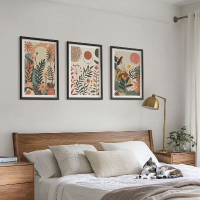Conjunto de 3 quadros com moldura Padrões vintage de plantas em tons pastel