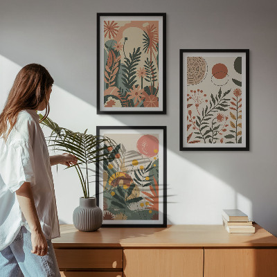 Conjunto de 3 quadros com moldura Padrões vintage de plantas em tons pastel