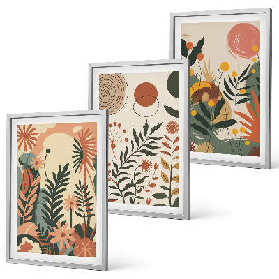 Conjunto de 3 quadros com moldura Padrões vintage de plantas em tons pastel