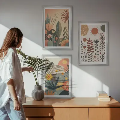 Conjunto de quadros para sala de estar com padrões de plantas estilo boho