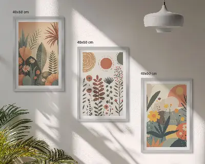 Conjunto de quadros para sala de estar com padrões de plantas estilo boho