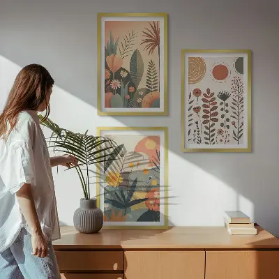 Conjunto de quadros para sala de estar com padrões de plantas estilo boho