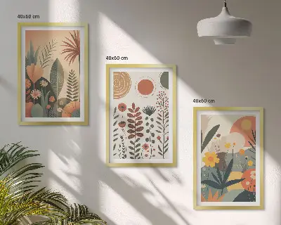 Conjunto de quadros para sala de estar com padrões de plantas estilo boho