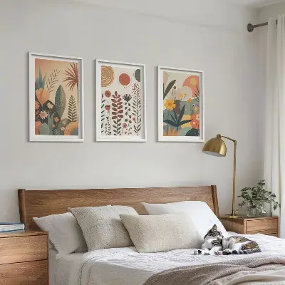 Conjunto de quadros para sala de estar com padrões de plantas estilo boho