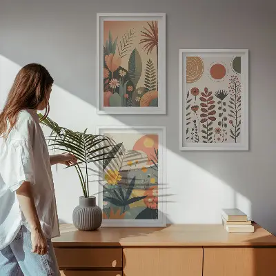 Conjunto de quadros para sala de estar com padrões de plantas estilo boho