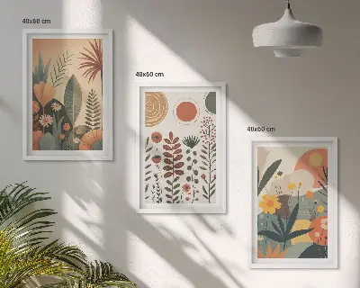 Conjunto de quadros para sala de estar com padrões de plantas estilo boho