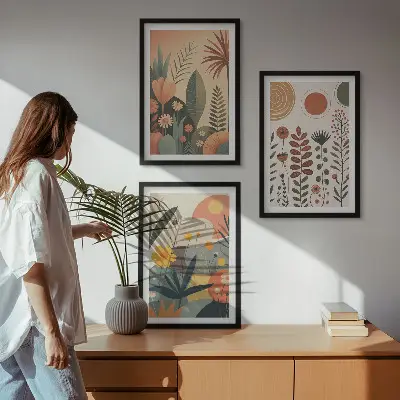 Conjunto de quadros para sala de estar com padrões de plantas estilo boho