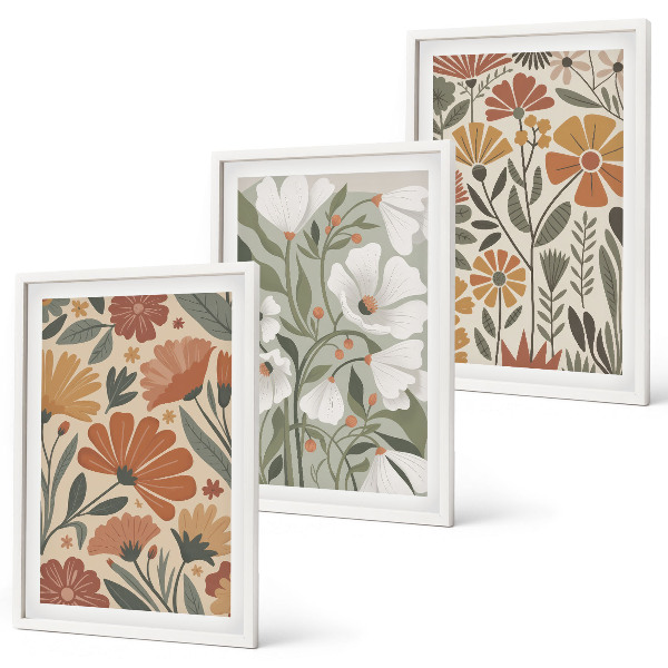 Composição de quadros moderna Estampas florais em tons de laranja e verde.